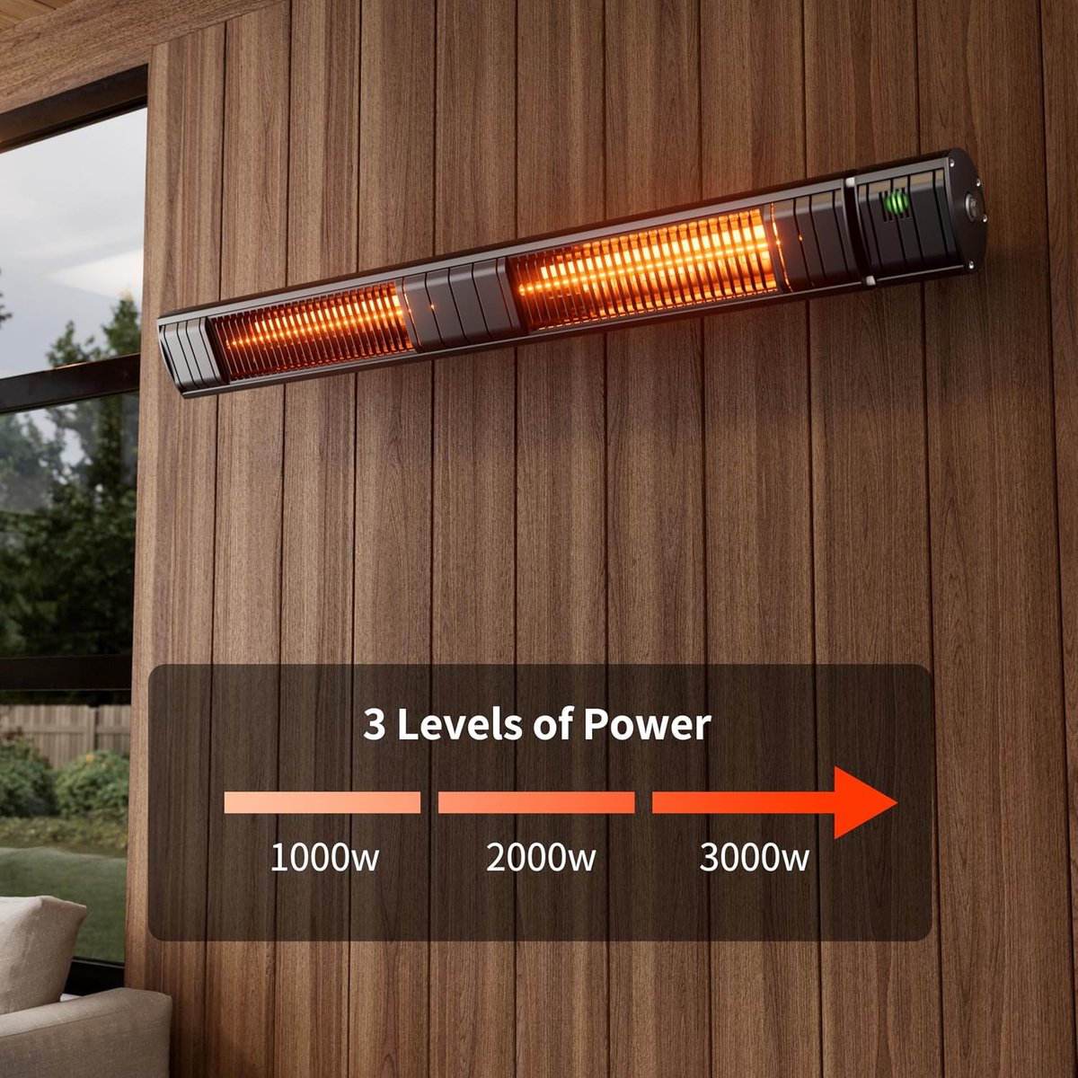 Terrasverwarmer, infraroodstraler, 3000 W, elektrische warmtestraler met 3 warmtestanden, wandmontage, IP65 waterdicht, infrarood terrasverwarming voor tuin, terras en balkon, zwart – foto 6