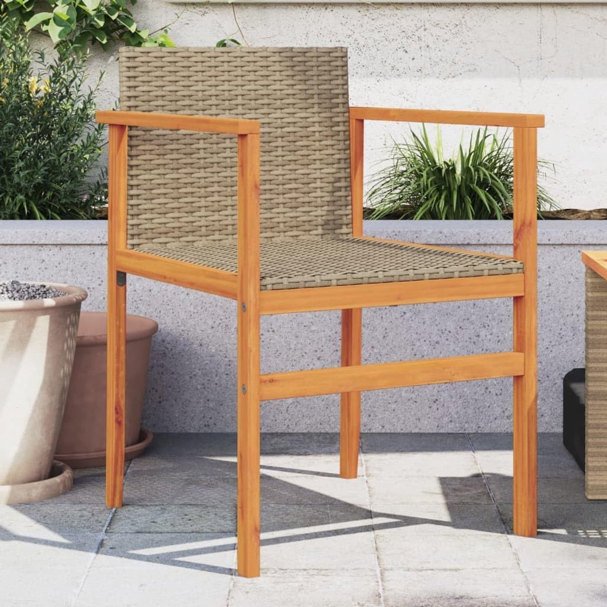 Tuinstoelen, 2 stuks, beige polyrotan en massief hout, balkonstoel, tuinstoel, balkonstoel, terrasstoel, tuinmeubelen, stoelen voor tuin, balkon, terras