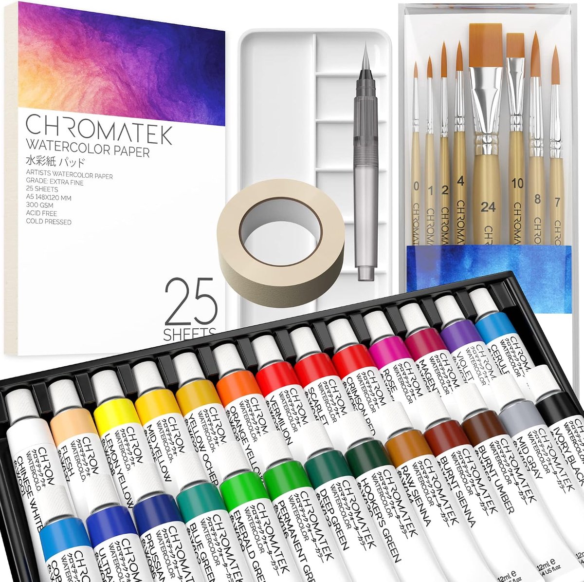 Aquarelverfset 62-delig - Compleet met 12ml tubes, 8 kwasten en palet - Voor beginners en gevorderden - ShopVlot
