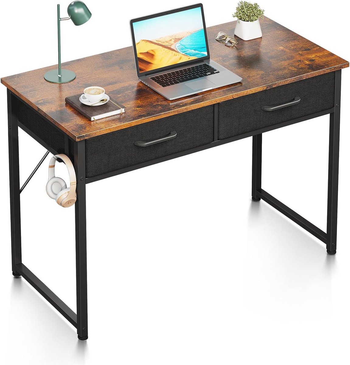 Bureau met 2 lades 80x40cm - Bruin - Met hoofdtelefoonhouder - Ruimtebesparend voor thuiswerk. - ShopVlot