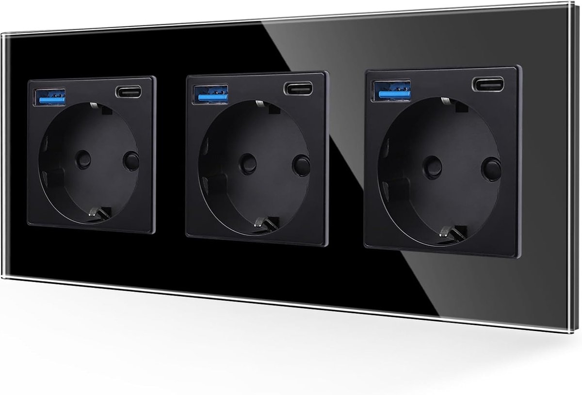 Wandcontactdoos met USB 20W - 3 compartimenten - Zwart glas - Snelladen voor meerdere apparaten - ShopVlot