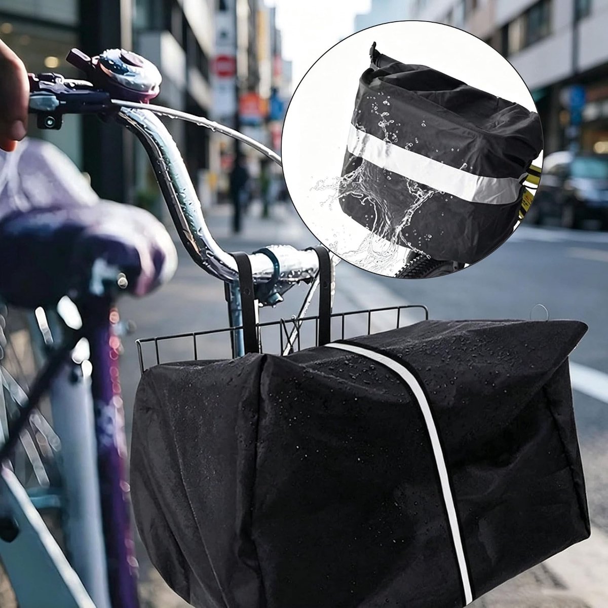 Set van 2 regenhoezen voor fietsmand en zadel - waterdicht - met reflectoren - bescherming tegen regen en stof - ShopVlot