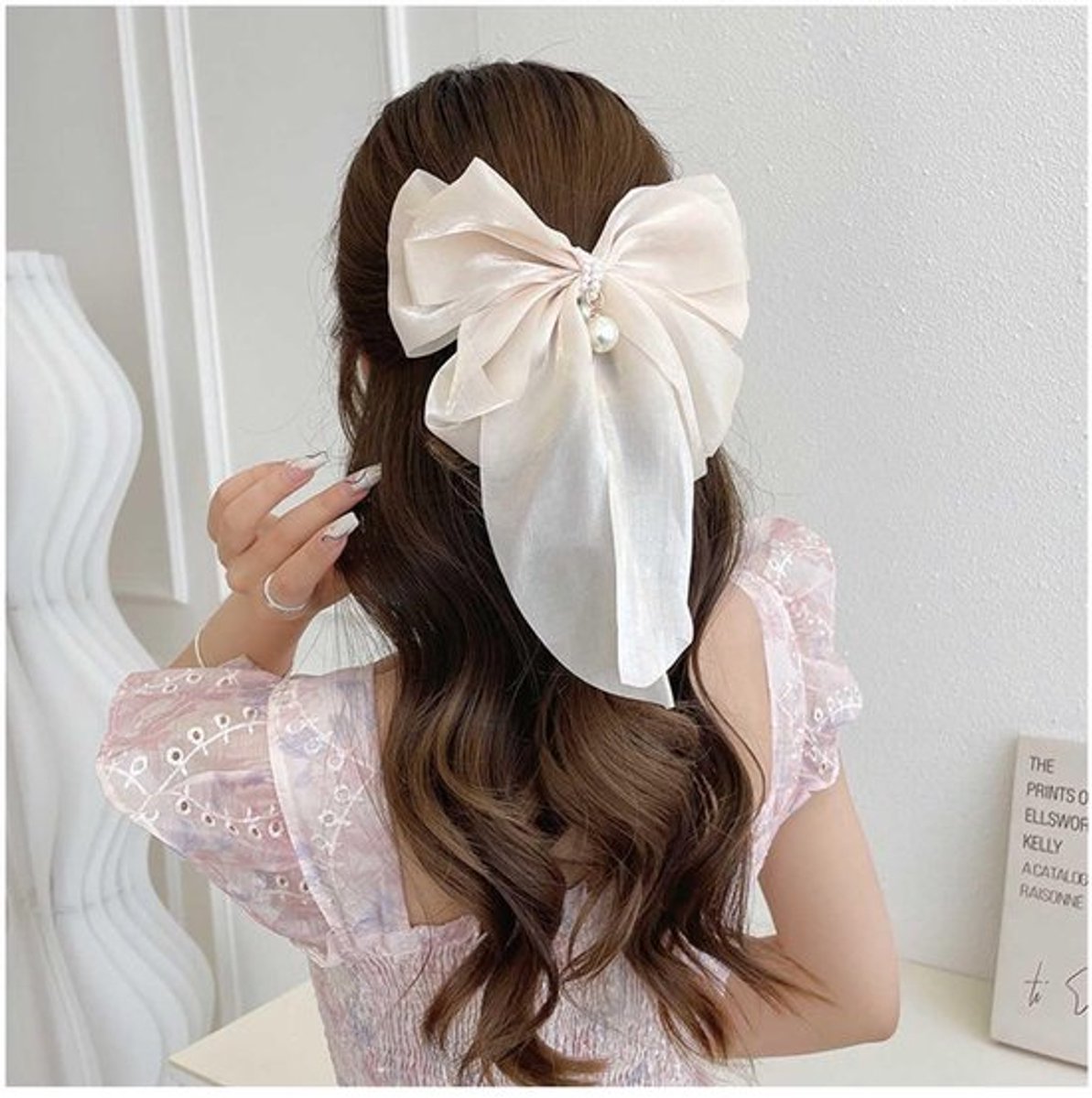 Boho Satijnen Haarstrik Beige Haarclips Band Haarclips Clip Grote Effen Strik Haarspeld Hoofdband Parels Strik Haarspeld Dames Haarstyling Accessoires Sieraden voor Meisjes (Beige)