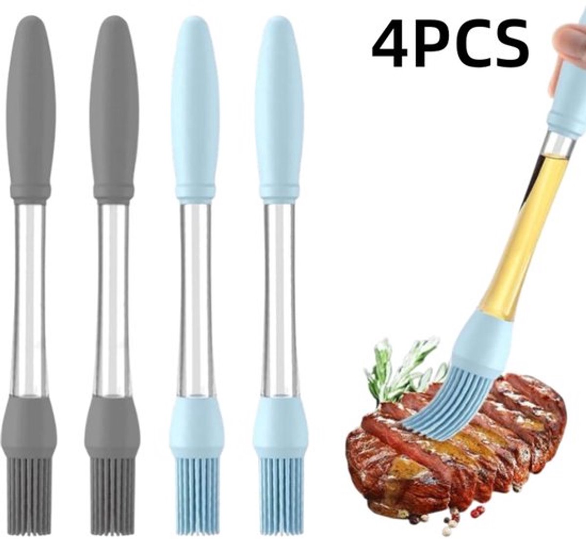 4 stuks-Oliekwast - Sauskwast - BBQ-kwast - Siliconen - Bakkwast - Transparant handvat - Kookkwast - Geschikt voor barbecueën, bakken, sauzen, boter en vlees - Grijs - Blauw - 23*2,5 cm
