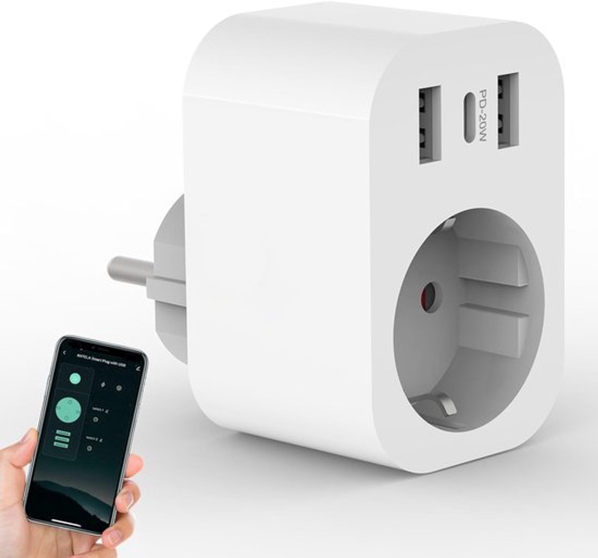Slimme Stekker met WiFi 16A 3680W, met 1 Stopcontact, 2 USB-A + 1 USB-C (PD20W, Snel opladen), Slimme Stekker met energiemeter, schema's en timers, compatibel met Google Home, 2,4 GHz WIFI