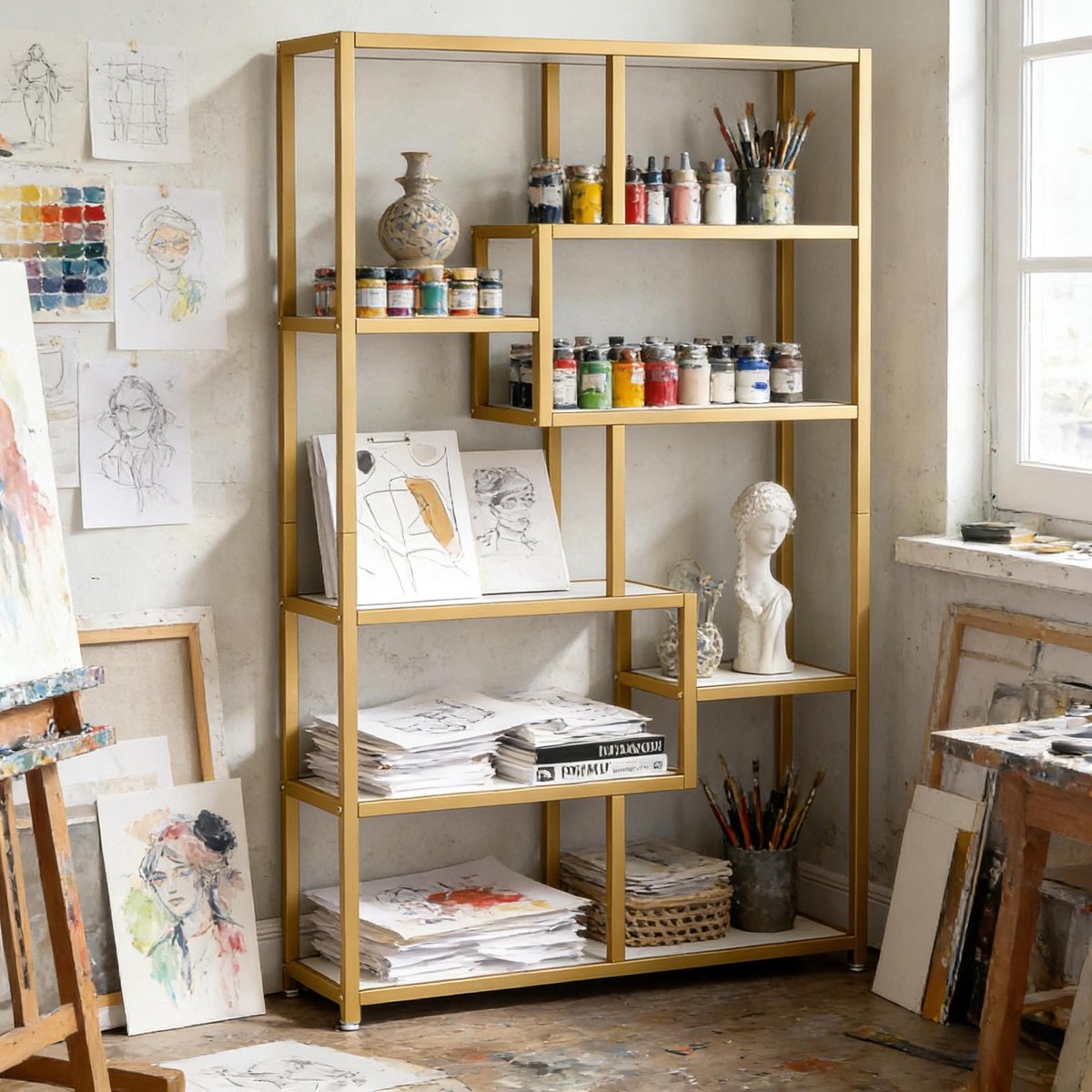 FloraGrace Boekenkast – Open Ontwerp Met 8 Vakken – 180 X 100 X 30 Cm – Metaal En Kunstmarmer – Goud En Wit – Voor Woonkamer En Kantoor