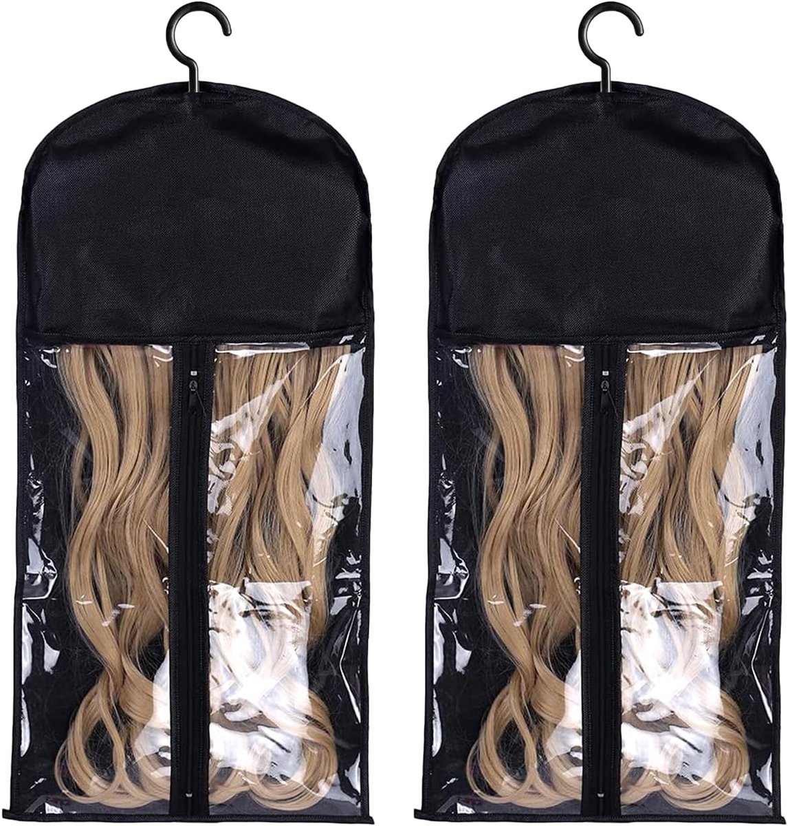 SnelShoppen - Pack van 2 Pruikopslag Tassen voor Haarextensions met Haken, Duurzaam Polyester, Transparant Venster, Ideaal voor Thuis en Reizen