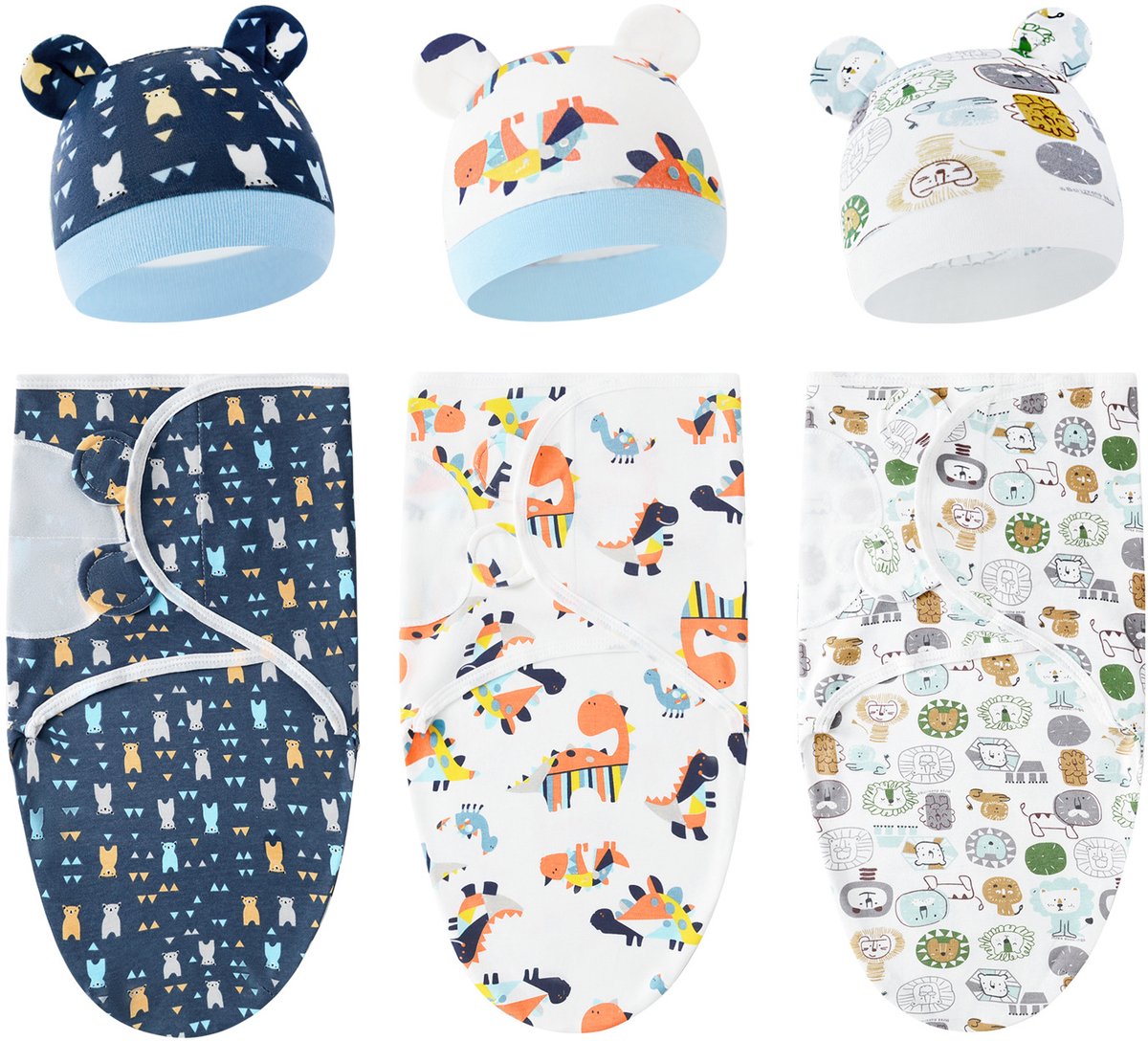 Set van 3 babywikkeldekens, 100% katoen, zacht en ademend, met schattige capuchons. Geschikt voor baby's van 0-3 maanden en pasgeborenen om schrikreacties te voorkomen,Set 3