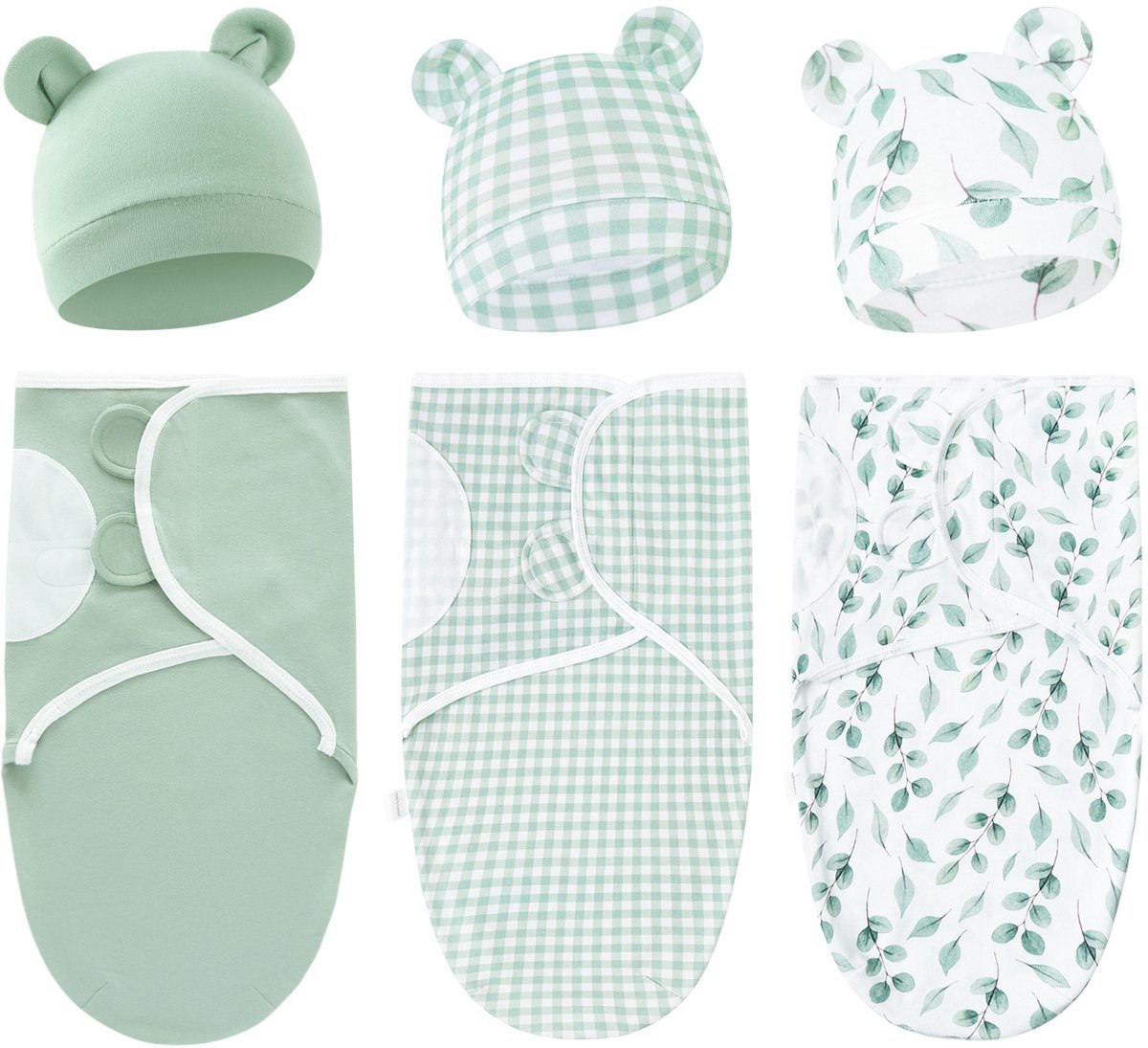 Set van 3 babywikkeldekens, 100% katoen, zacht en ademend, met schattige capuchons. Geschikt voor baby's van 0-3 maanden en pasgeborenen om schrikreacties te voorkomen,Set 5