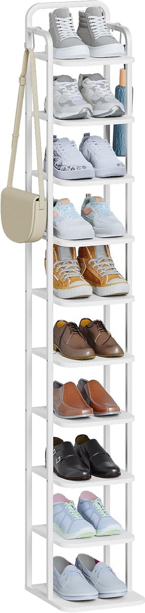 Hzuaneri Verticaal schoenenrek met 10 niveaus, ruimtebesparend, toren voor kleine kamers, vrijstaand, verstelbaar, wit