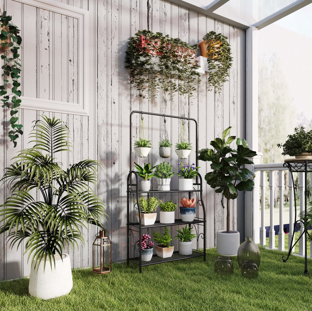 Mivray Plantenrek – 3-Laags Met Hanggedeelte En Haken – 75 x 25 x 137 cm – Metaal – Zwart – Voor Binnen En Buiten