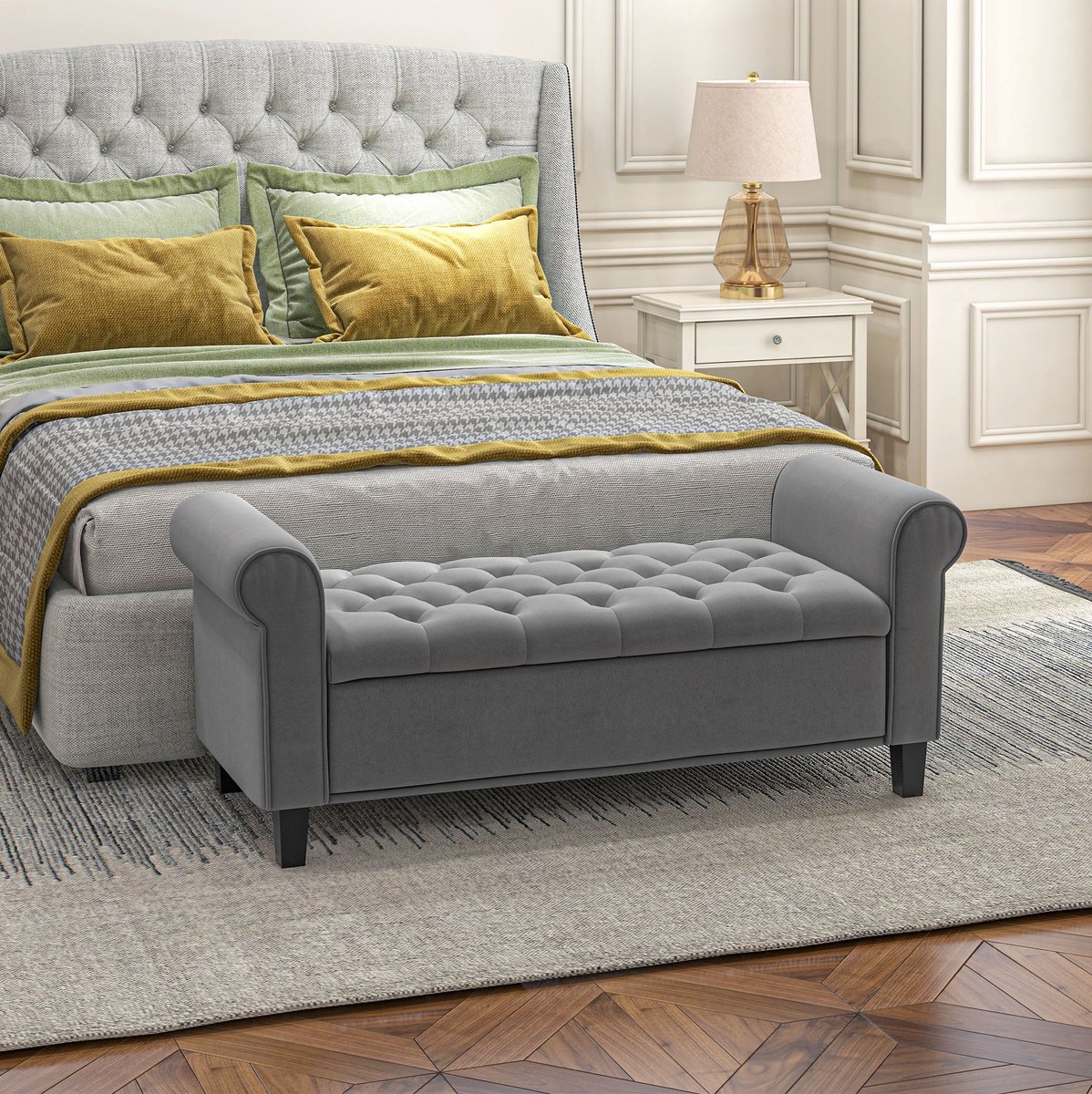 Opbergbank Bedbank Met Opbergruimte 126 X 48,5 X 57 Cm Gecapitonneerd Voor Slaapkamer En Hal Polyester Grijs