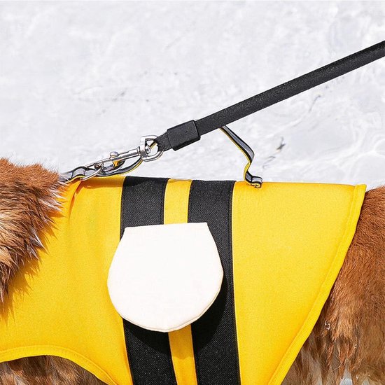 Hondenzwemvest met gele en zwarte strepen, witte ronde vlek en een haak voor de riem.