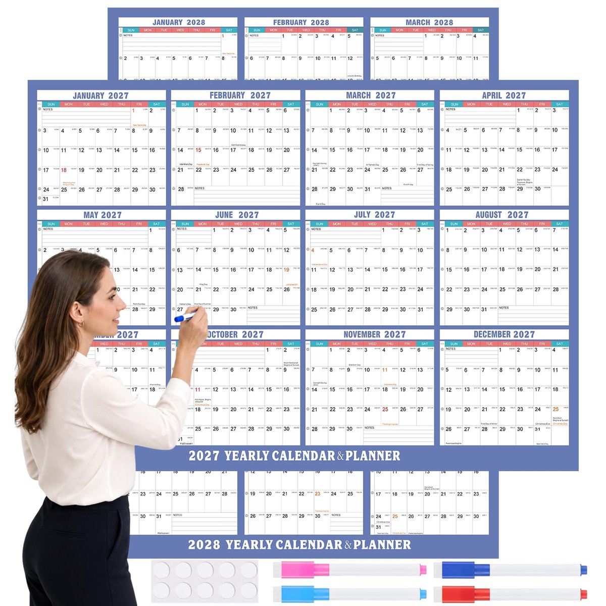 Wandkalender 2027-2028 (86x61cm) - Doppelseitig - Herbruikbaar met 10 kleefpunten - Perfect voor thuis en kantoor - ShopVlot