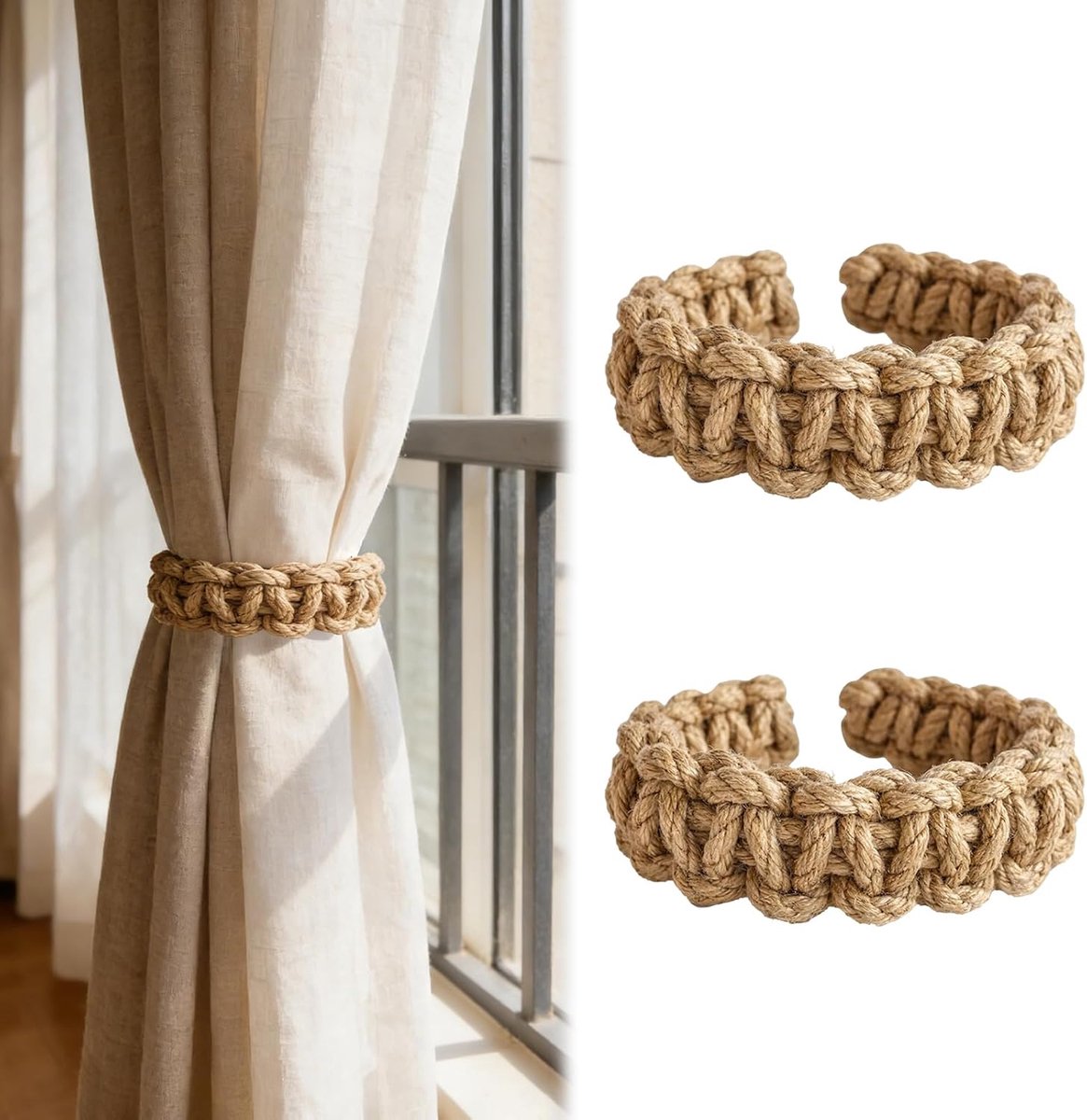 Gordijnhouders zonder boren - 2 stuks gevlochten touw - beige - bohemian stijl voor een natuurlijke uitstraling - ShopVlot