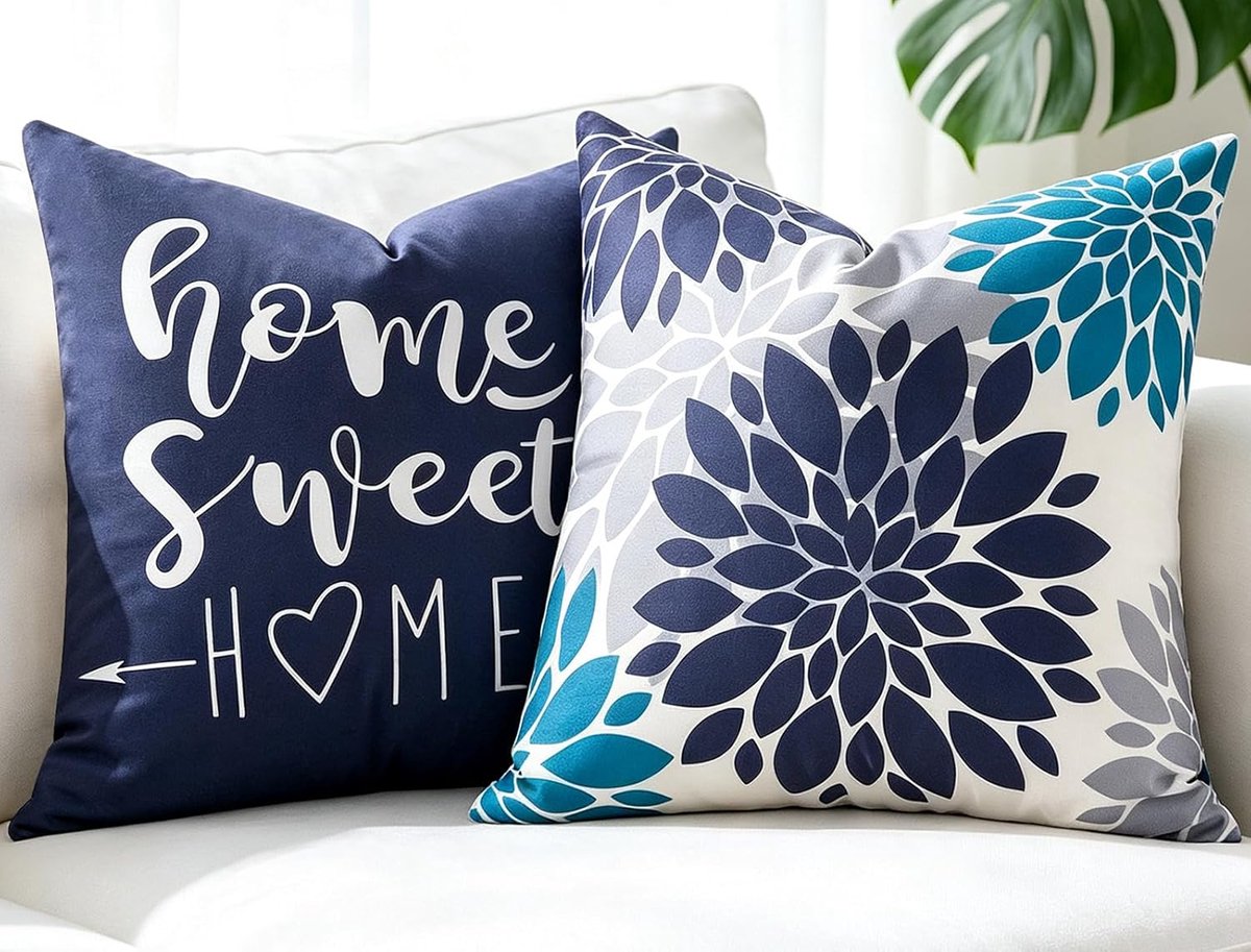 Cushion Covers 50 x 50 cm - Navy Blauw - Dahlia Bloemen - Decoratieve Kussens voor Woonkamer of Slaapkamer - ShopVlot
