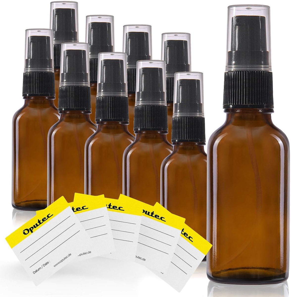 Pompdispenser 10 x 30 ml - bruine glazen fles - met labels - ideaal voor lotions en crèmes - ShopVlot