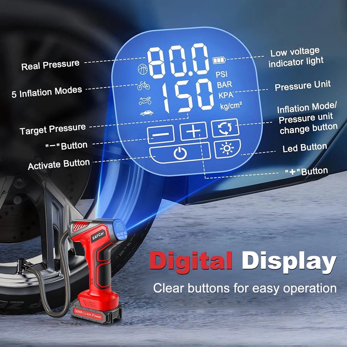 UrbanSelect Bandenpomp Auto - Compressor Bandenpomp - Luchtcompressor - Digitaal Display - Compact - Snel Oppompen - Rood thumbnail 2