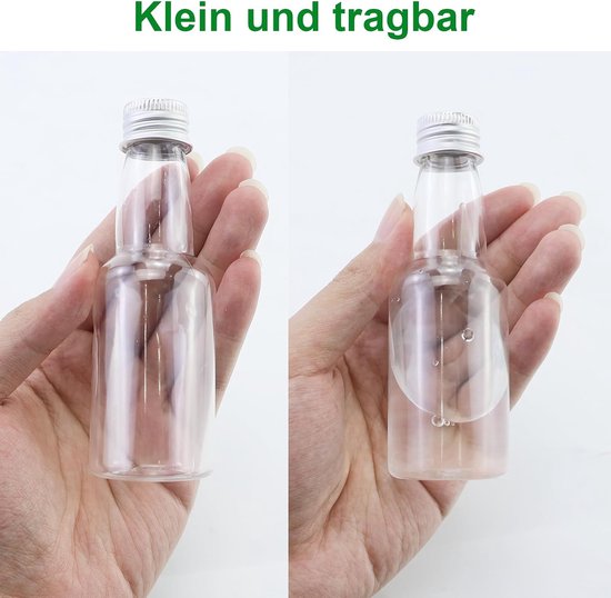 Flessen 50 ml likeurflessen om te vullen, kunststof sapflessen met zilveren deksel en trechter om op te bergen — afbeelding 5