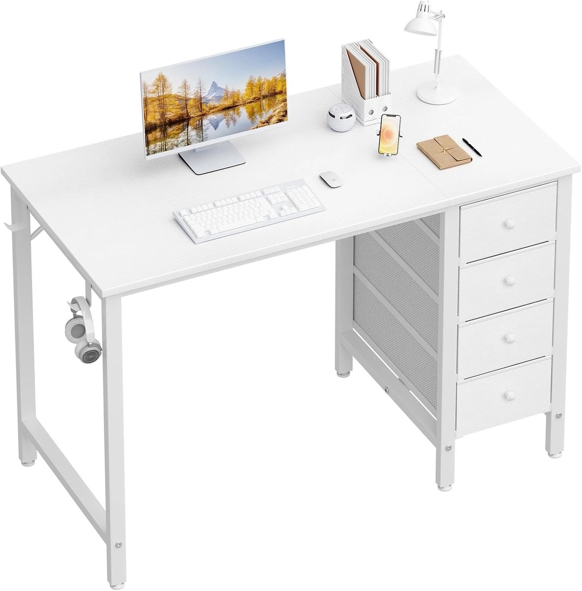 Klein wit bureau met laden voor de slaapkamer, 102 cm kinderen meisjes studeerbureaus, omkeerbare computerschrijftafel met stoffen lade voor kleine ruimtes thuiskantoor manicure