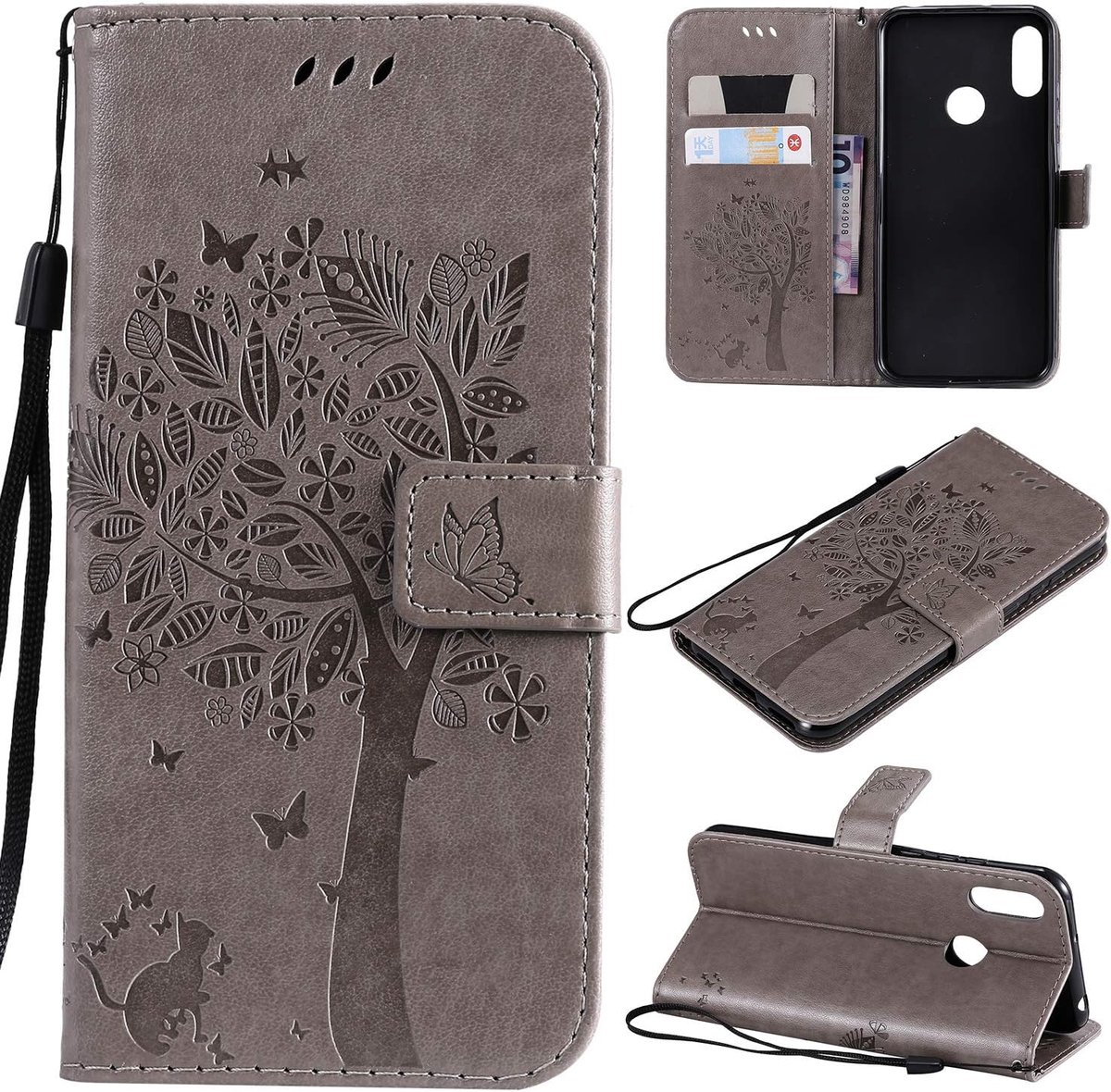 Zchen voor Huawei Y6 2019 Hoesje, PU Kunstleer Stander Portemonnee Klaphoes voor Huawei Y6 2019 (Grijs)