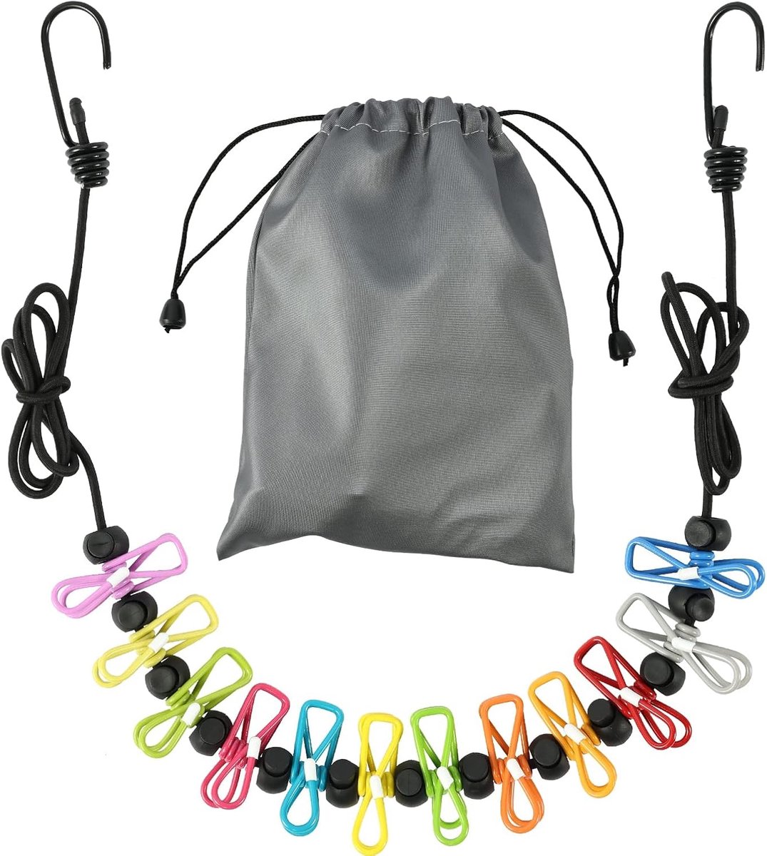 Reiswaslijn met 12 clips, elastische reislijn, draagbare waslijn voor op reis, ideaal voor outdoor, vakantie, camper (kleur)