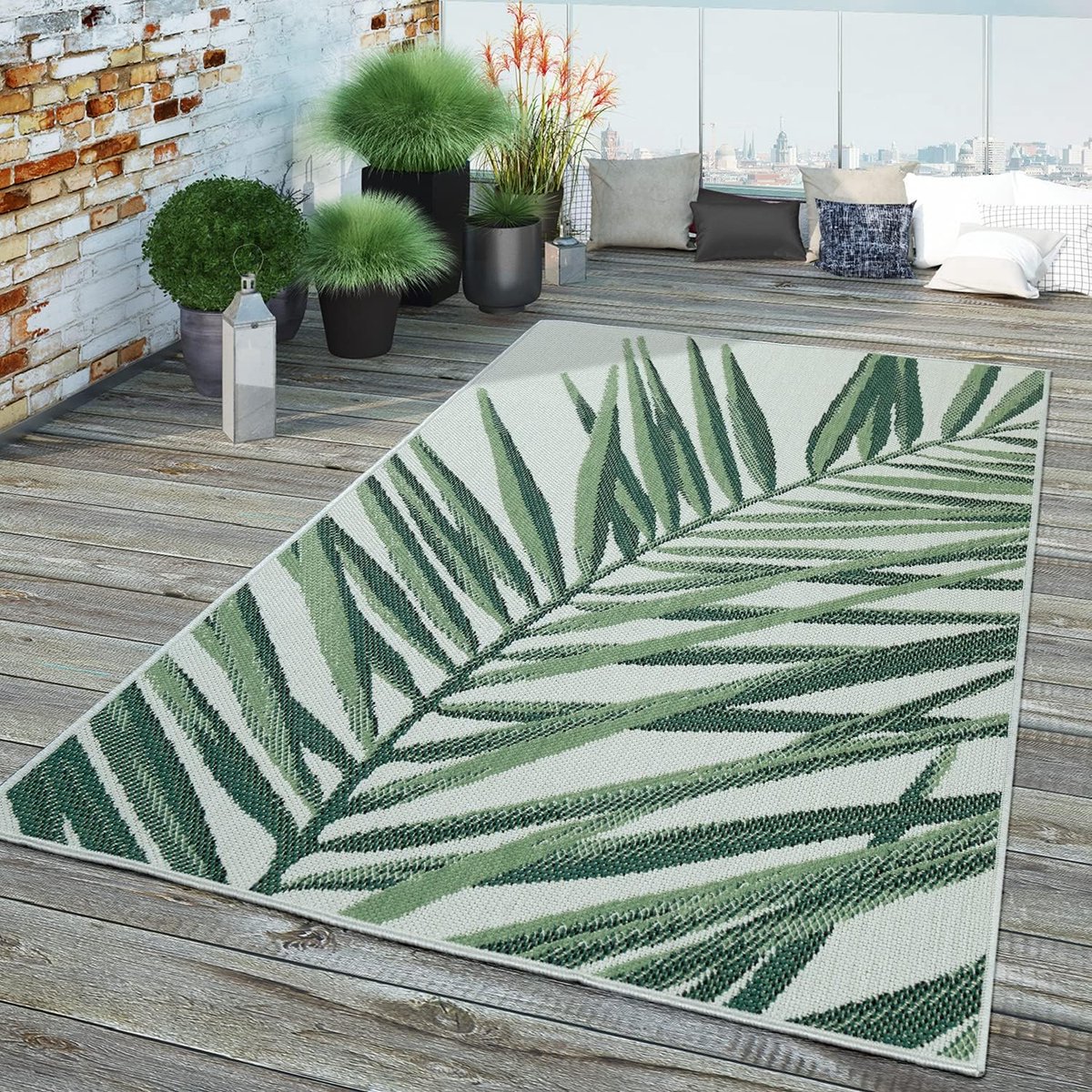 Home Tuin Vloerkleed Tapijt Voor Binnen En Buiten Balkon Keuken Tapijt Bloemmotief Palm Patroon Modern, Kleur:Groen Beige 5, Maat:120x170 cm