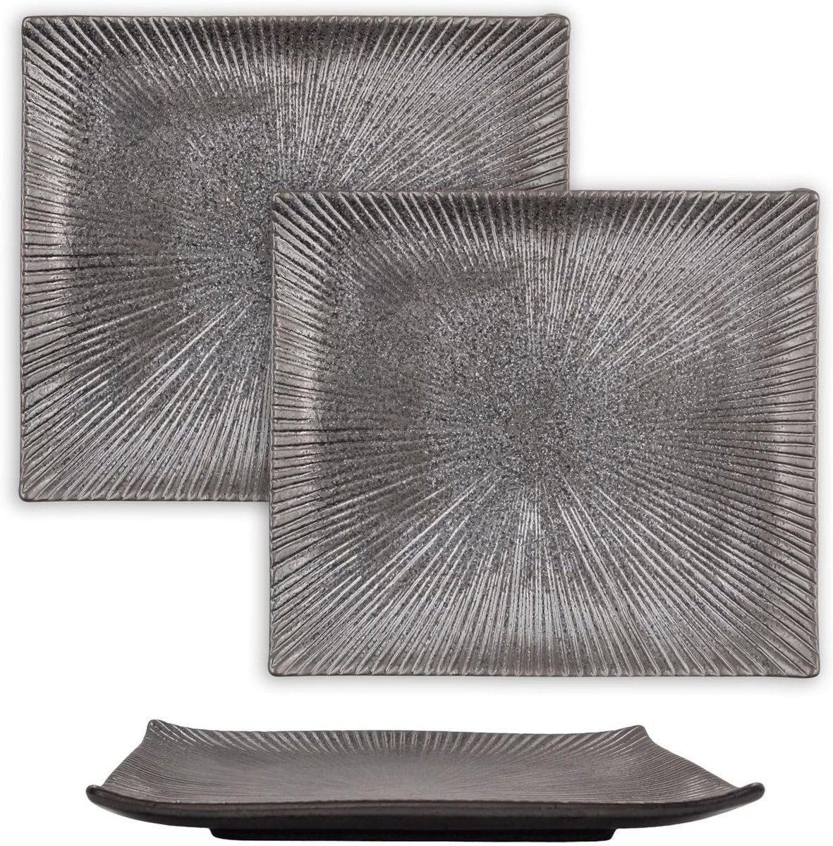 2x Sushischotel serveerbord van porselein in zwart - 26 x 23,4 x 3,8 cm - Japanse sushiserveerschalen Handgemaakt Rechthoekig