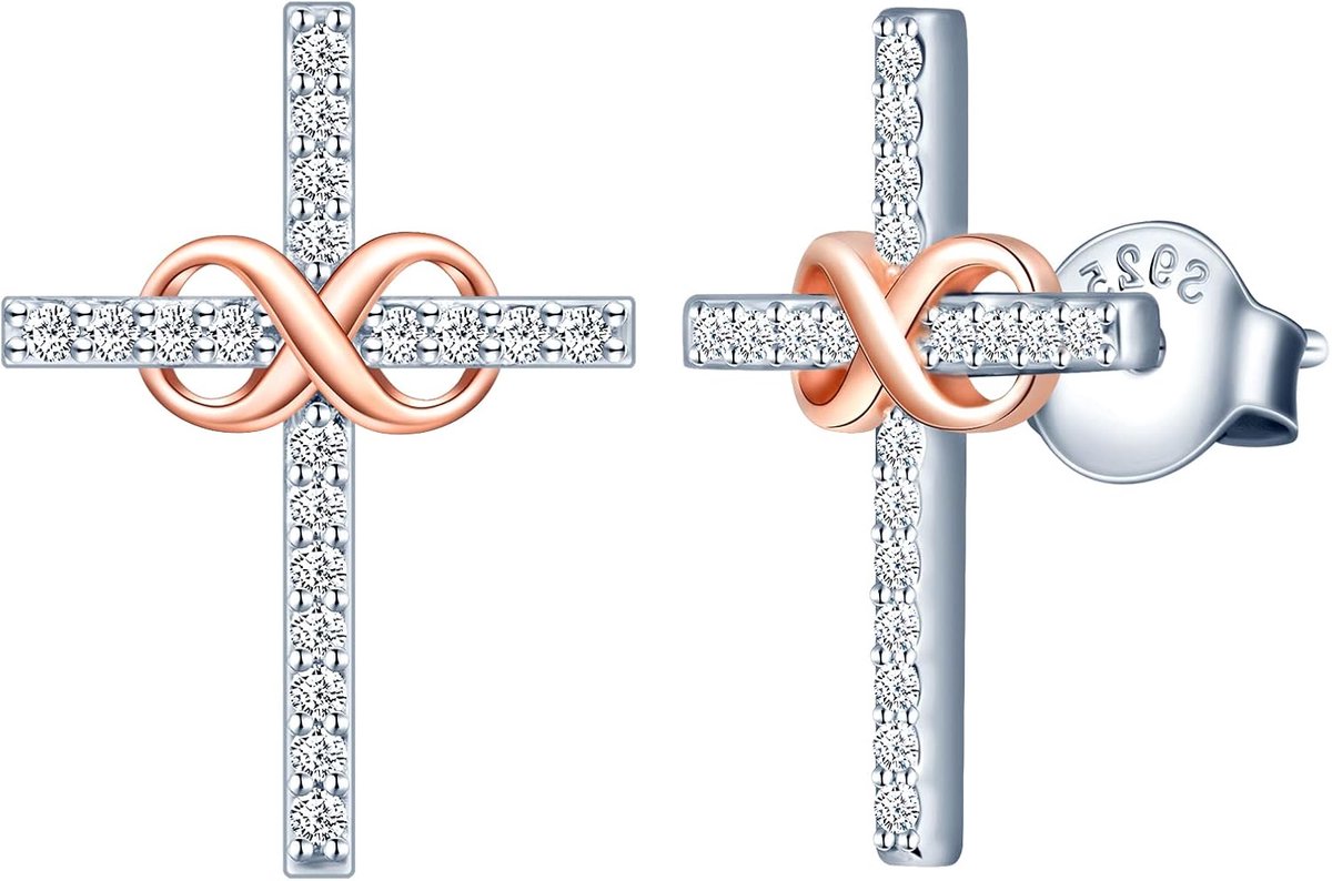 meisje ketting hanger en oorbellen studs, 925 sterling zilveren sieraden-sets, zilver kruis ingelegd met rose goud infinity symbool, dubbel kleur plating proces, ingelegd zirkoon,