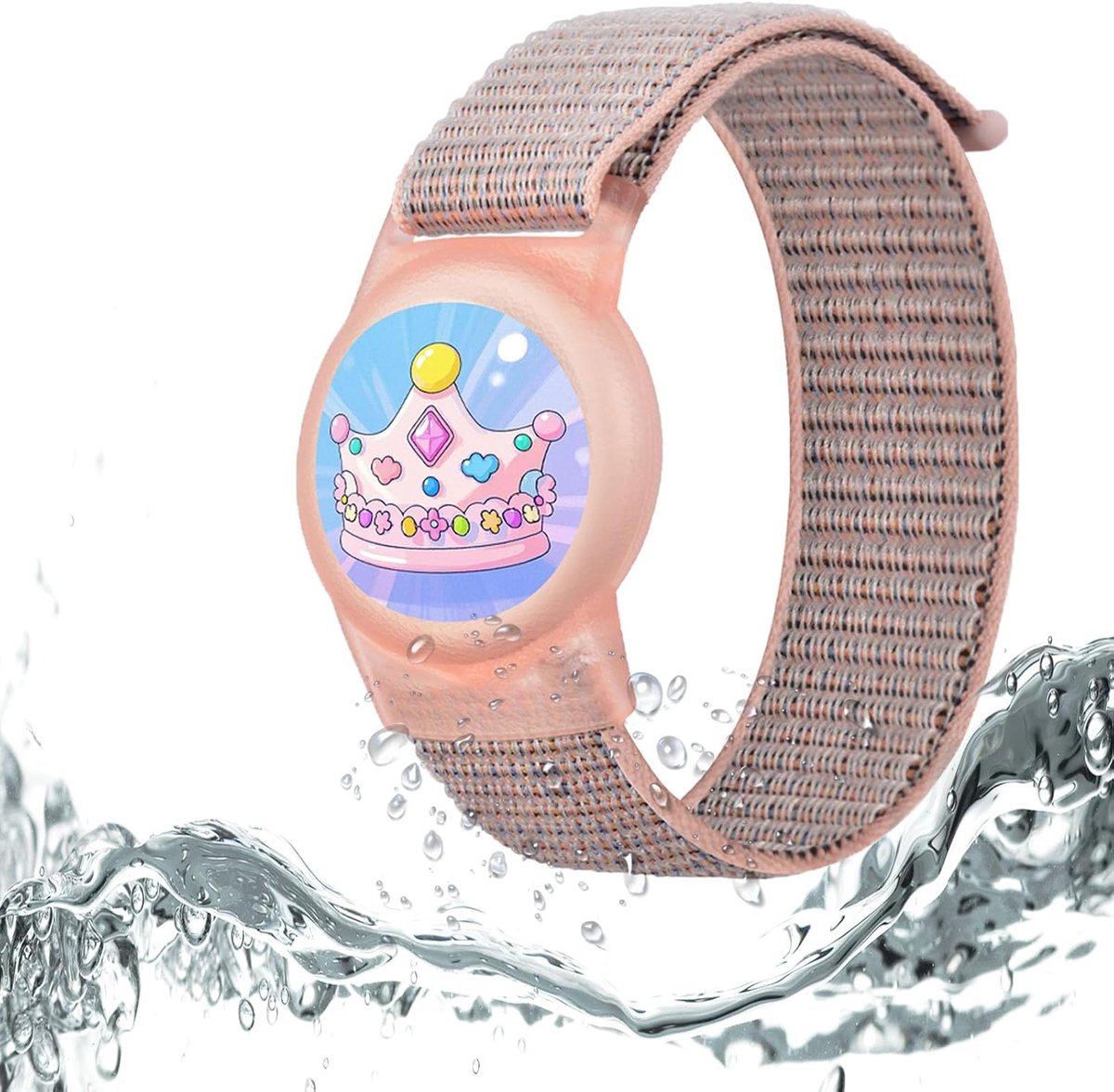 Armband waterdicht voor AirTag houder, Siliconen anti-verlies GPS-tracker-armbandhoes voor peuters (kroon roze)