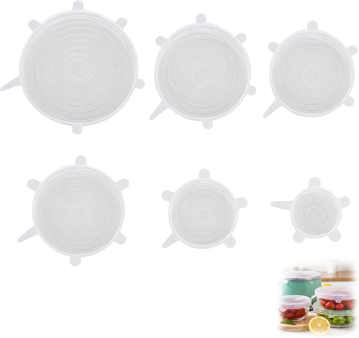 uittrekbaar deksel, 6 stuks, BPA-vrij, herbruikbaar, rekbaar, universeel voor kommen, bekers, blikjes en fruit, luchtdicht, vaatwasmachinebestendig, hittebestendig, deksel