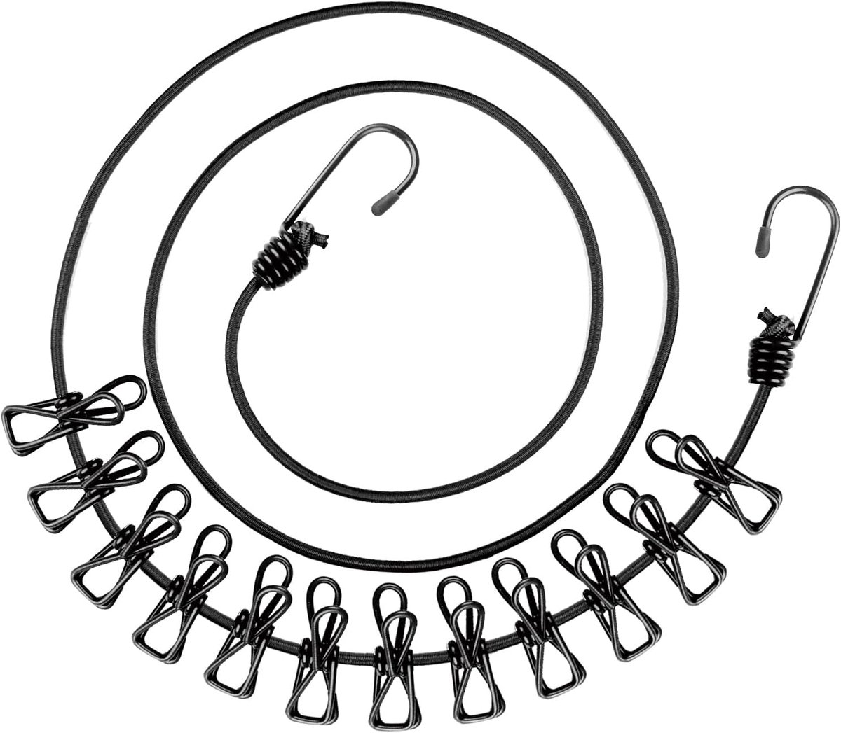 Reiswaslijn met 12 clips, elastische reislijn, draagbare waslijn voor op reis, ideaal voor outdoor, vakantie, camping (zwart)