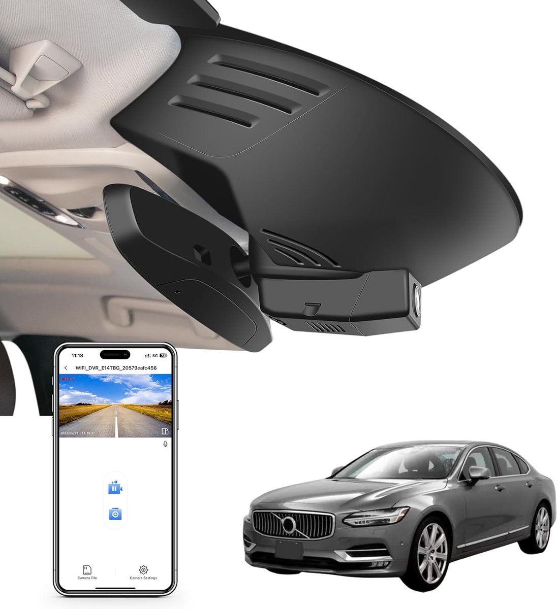 4K UHD 2160P Dashcam Auto, Geïntegreerde OEM-Look, Speciaal voor Volvo S90 en V90 Cross Country en V90 2017 2018 2019 2020 2021 (Model A), Loop-opname, G-sensor, WiFi & App, 64 GB kaart
