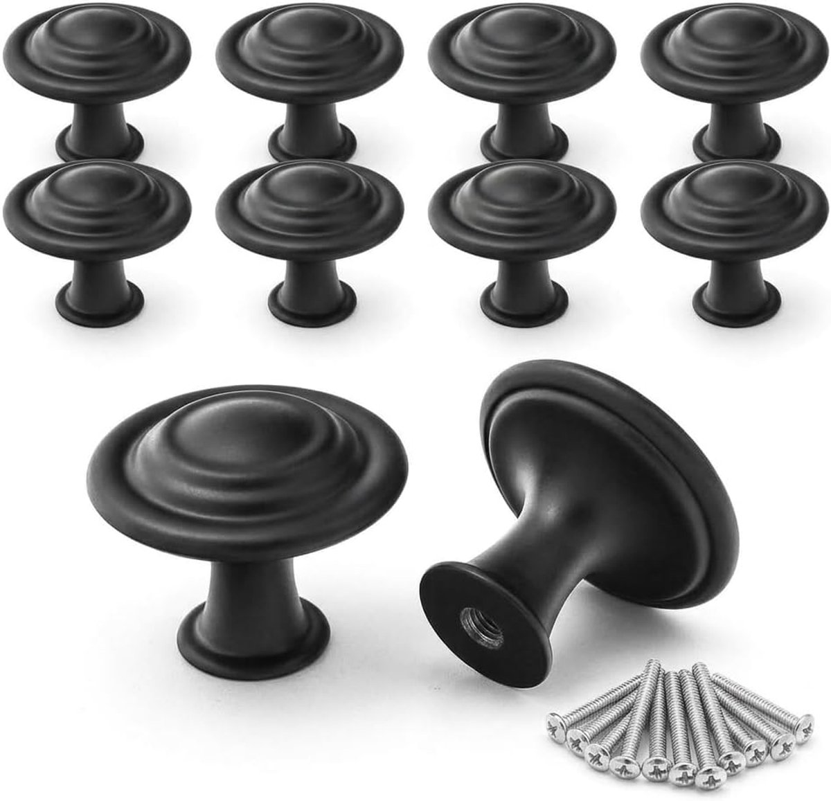 10 stuks matzwarte roestvrijstalen meubelknoppen, ronde keukenkastgrepen voor lades, deurknoppen voor kasten, dressoirs en kledingkasten, moderne meubelgrepen inclusief schroeven