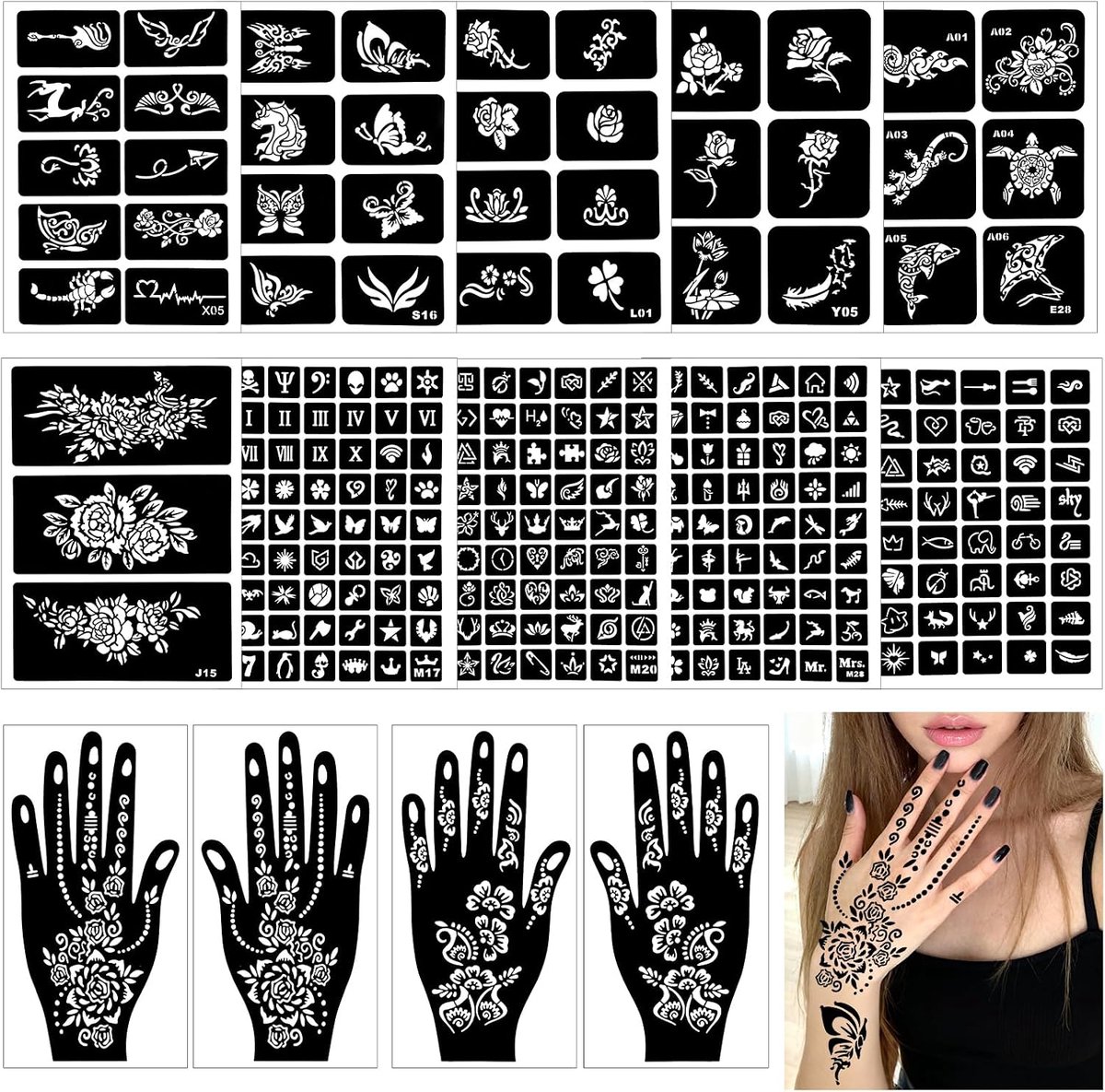 Tijdelijke henna tattoosjablonen, 14 vellen henna tattooset voor hand, arm, voet, geschikt voor dagelijks gebruik, feesten, Halloween en kerstkostuums