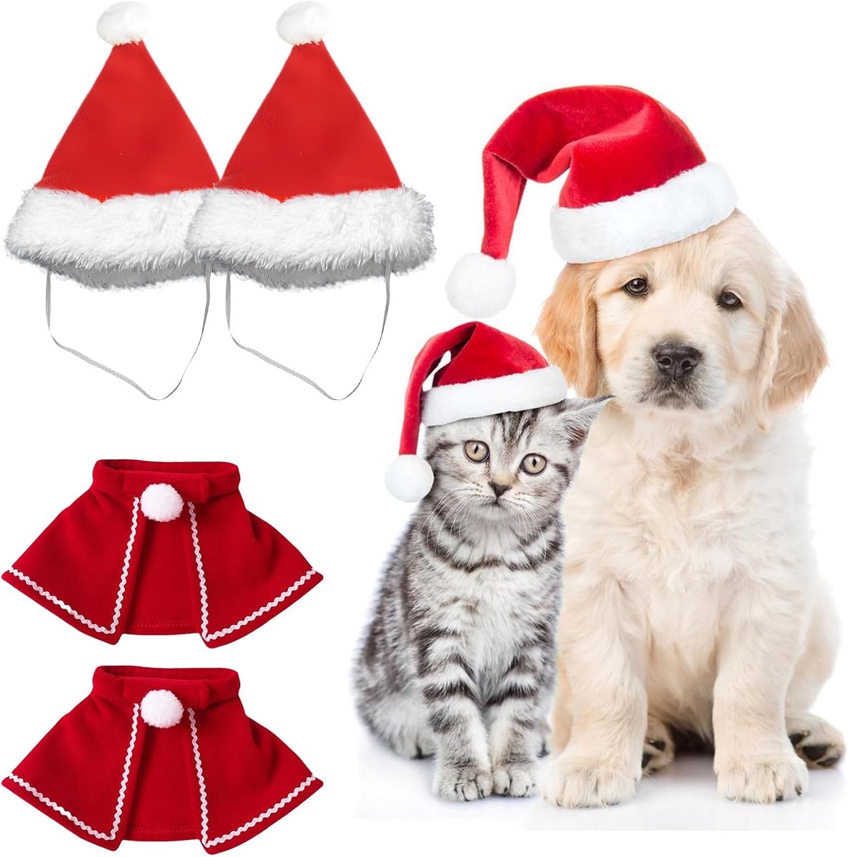 Kerstkostuum voor katten honden: 2 stuks huisdier kostuum kerstmuts verstelbare cape, kattenkleding hondenkleding Kerstmis huisdier kleding voor kerstfeest cadeau