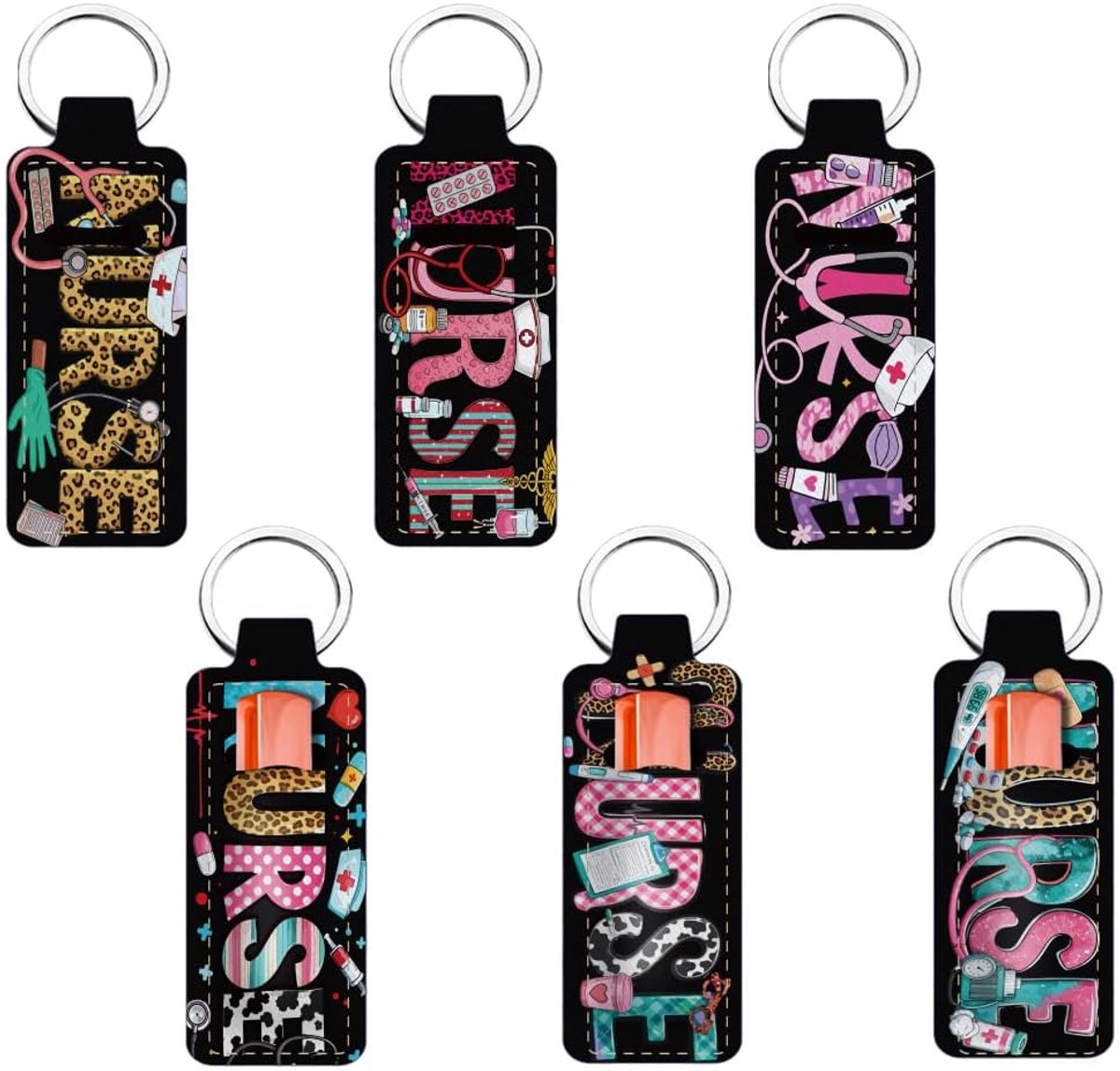 6Pcs Chapstick Houder Sleutelhanger Lippenbalsem Houder Sleutelhanger Artistiek Lettertype Lichtgewicht Lippenstift Sleeve Pouch met Verpleegster Patroon voor Vrouwen Meisjes 1.5x3.8