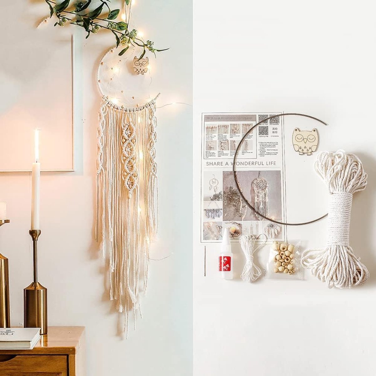 Dromenvanger, set, macramégaren, katoenen garen, macramé, accessoireset voor doe-het-zelf handwerk, macramé, decoratie, wandtapijt, wandbekleding, dromenvanger, uil, maan, dromenvanger