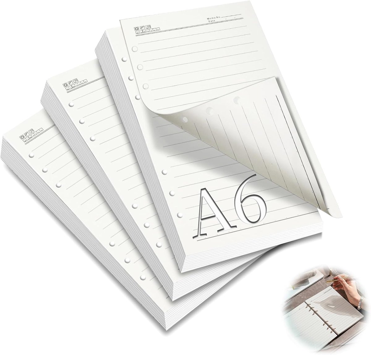 Navulpapier, A6-formaat, 6 gaten, 3 verpakkingen ringbandinzetstukken, A6, gelinieerd, navulbaar, 180 vellen, navulpapier, navulpapier, notitiepapier voor dagboek, notitieboek, schets