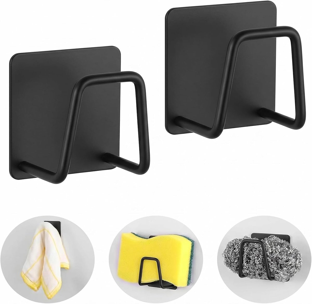 2 stuks sponshouders voor gootsteen, zwart, zelfklevende sponshouder keuken zonder boren, waterdichte sponshouder van roestvrij staal, spoeldoekhouder voor gootsteen, keukensponshouder