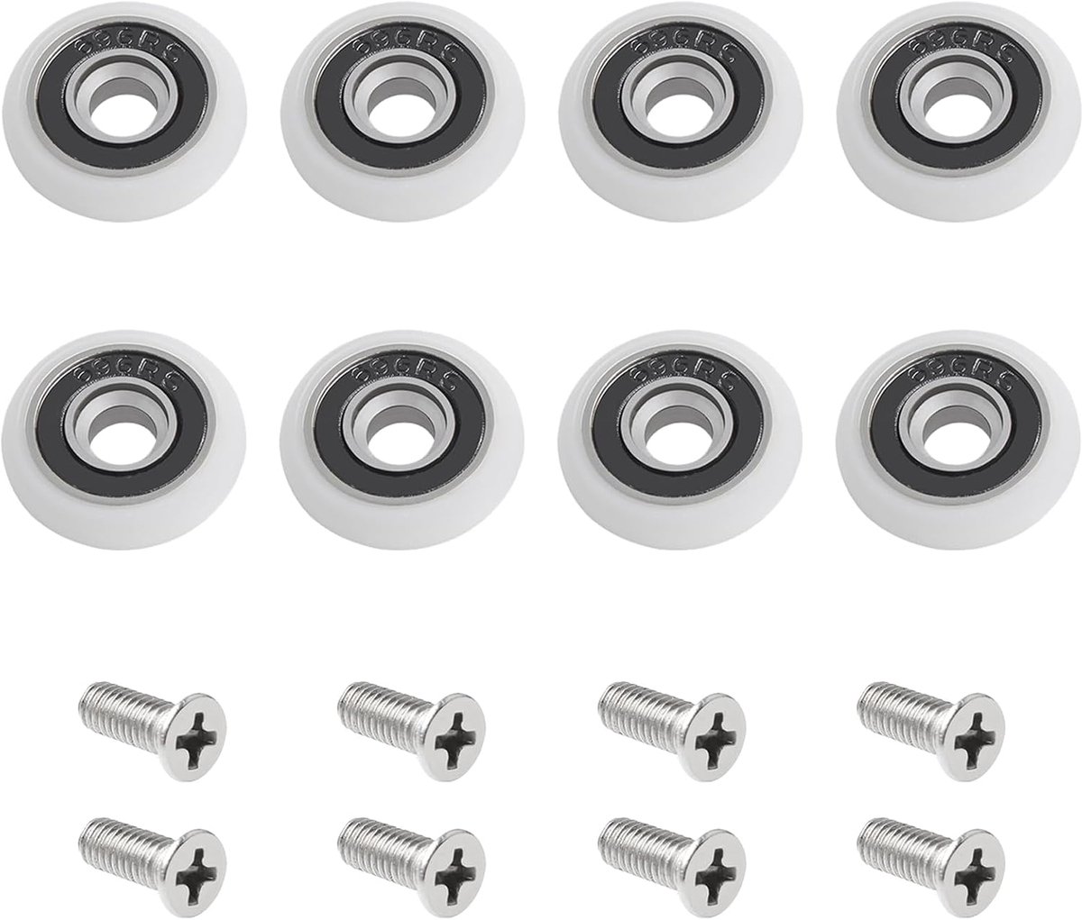 8 Stuks Douchedeurrollen M5 Schroef 20mm Glazen Schuifdeur | 8 stuks douchedeurrollen met M5 schroef 20mm voor glazen schuifdeuren. Gebogen deurloper met excentrieke wiel. Reservewielen.