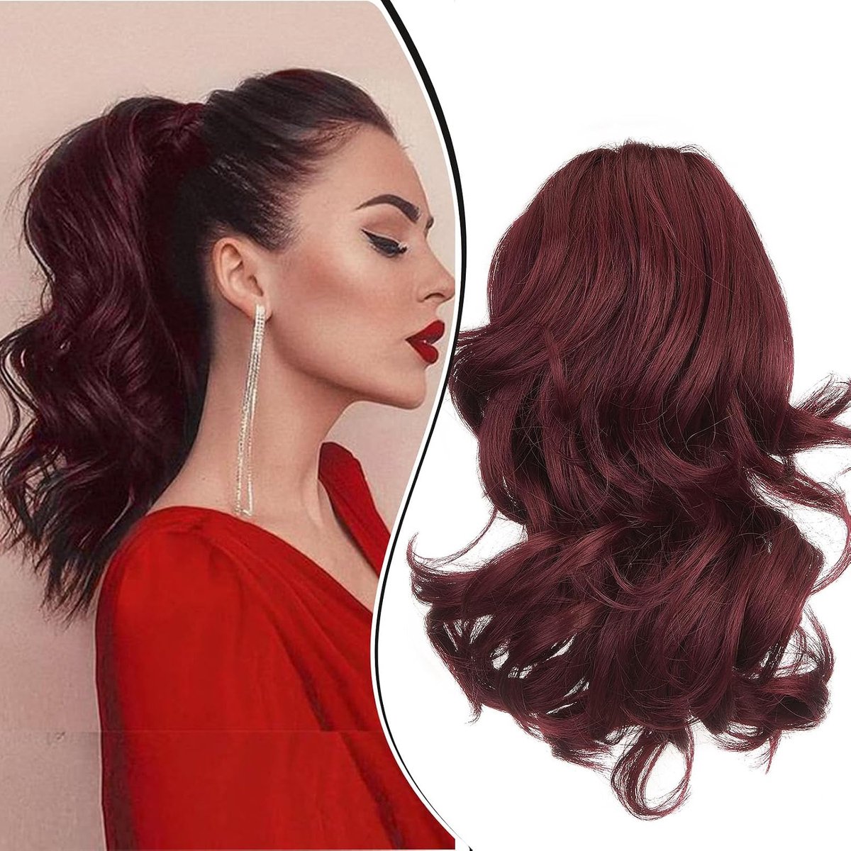 30cm Paardenstaart Haarstuk Vlecht Verlenging Klauw Golvende Lange Paardenstaart Extensies Haarverlenging Synthetische Clip in Ponytail Haarextensies, Wijnrood