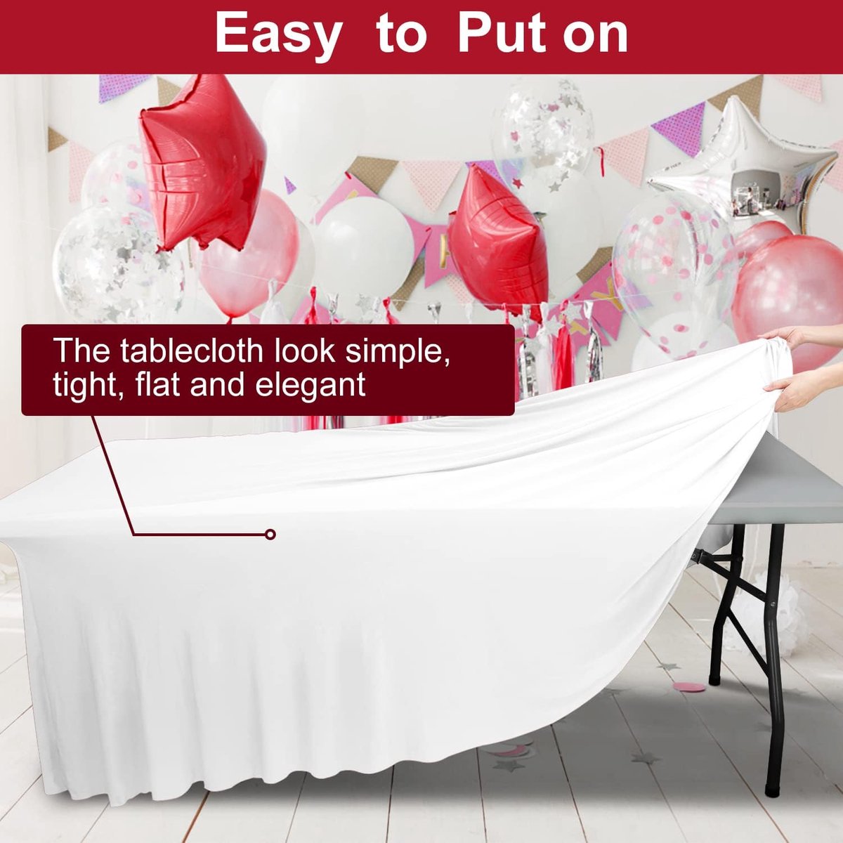 2-in-1 spandex tafelhoes, rechthoekig tafelkleed met geplooide rok, kreukvrij langwerpig‌ laken‌ voor Vendor evenement(Wit, 244 x 76 x 74 cm)