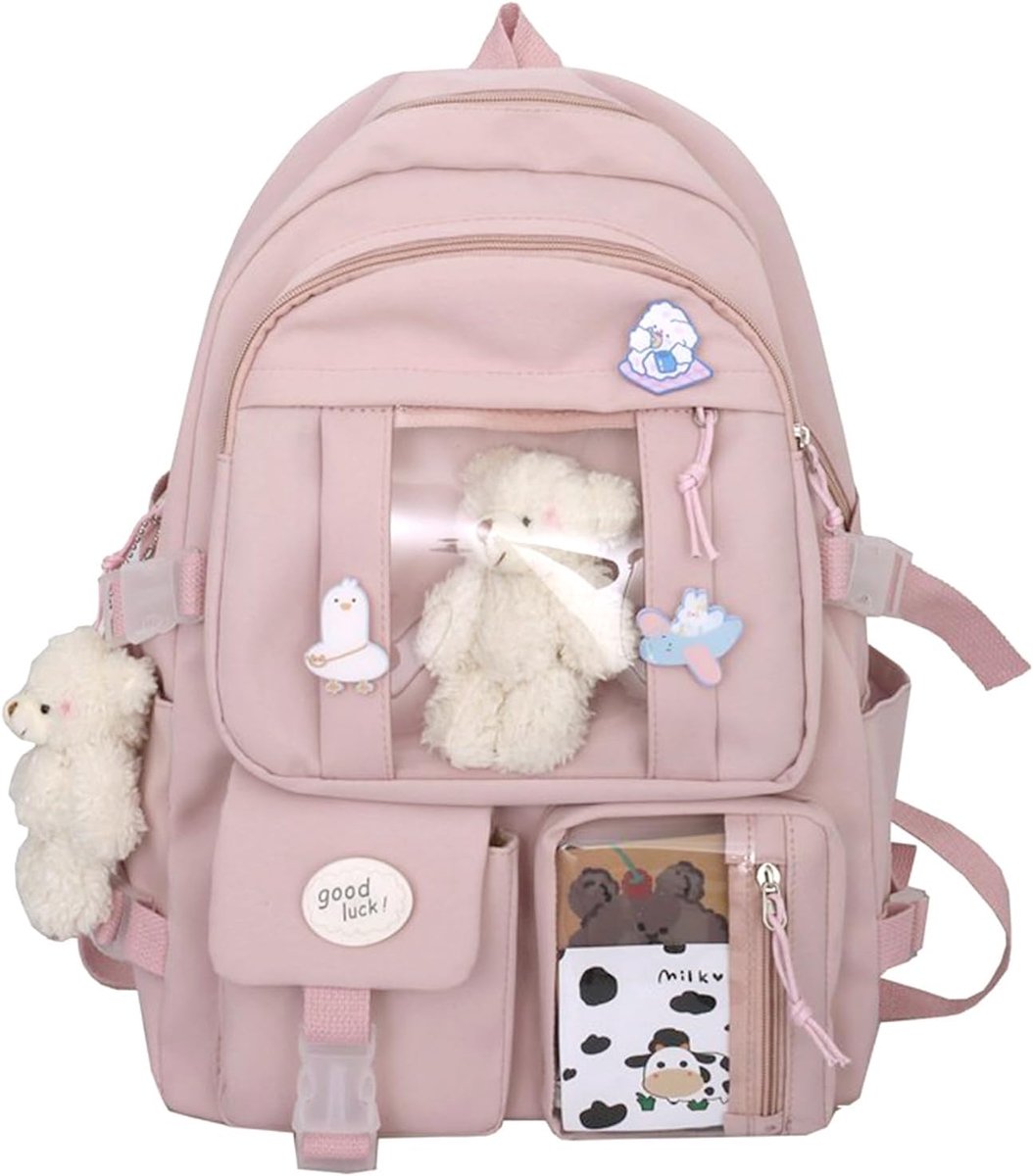 Schoolrugzak voor meisjes en vrouwen, schattige esthetische rugzak, schoolrugzak met pin en accessoires