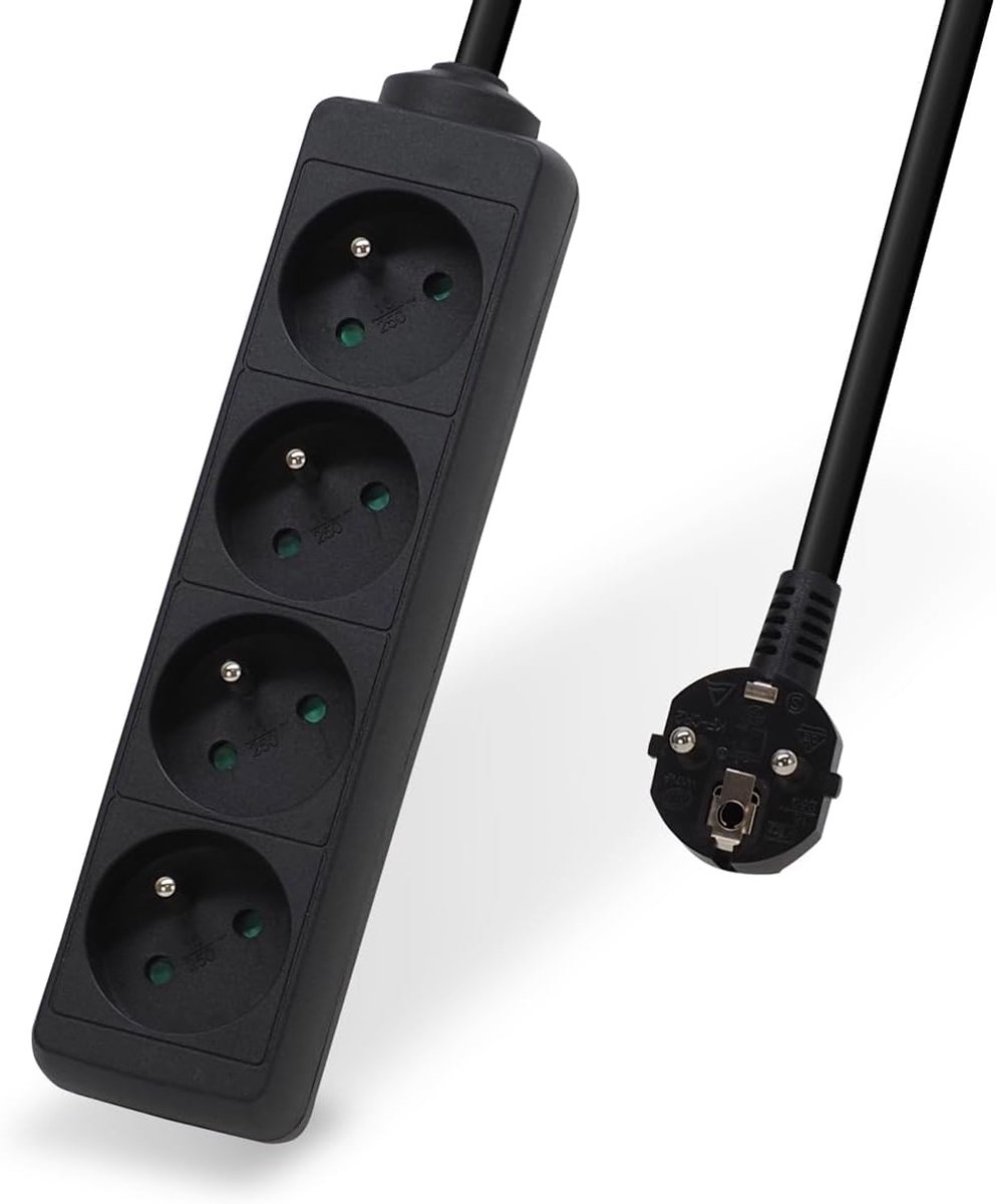 52131 stekkerdoos met 4 elektrische stopcontacten, 16 A, 2P+T, kabel lengte 3,00 m, kinderbeveiliging, CE NF, zwart