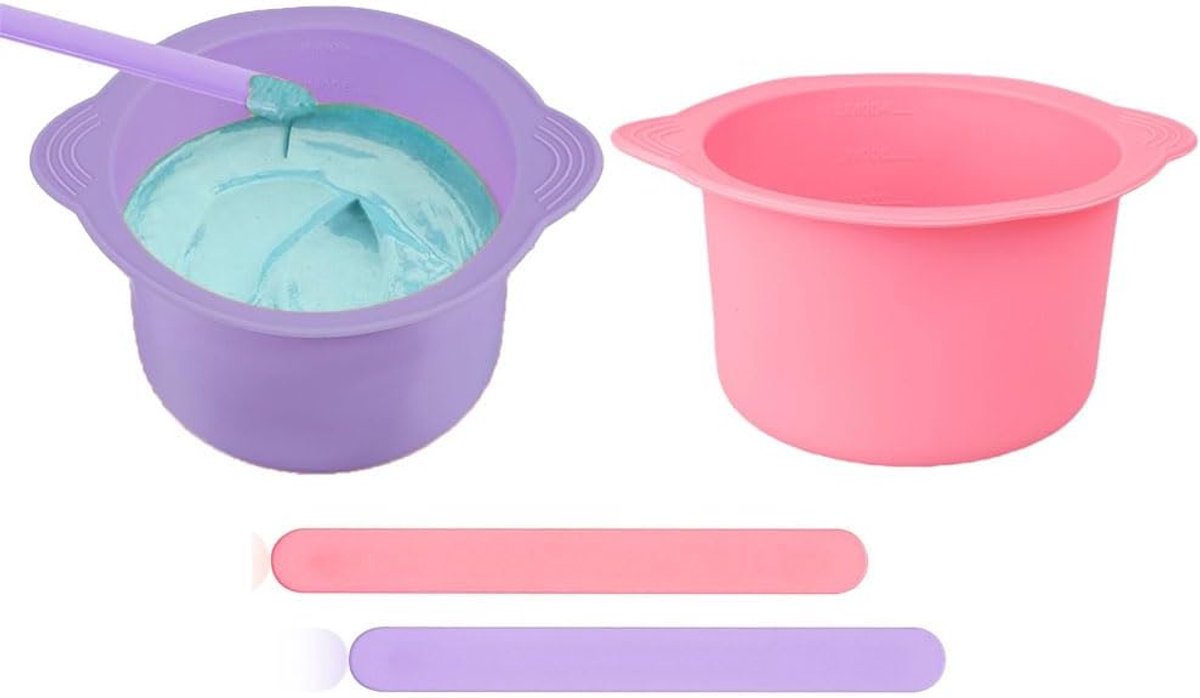 Siliconen wasverwarmer schaal, 2 stuks siliconen wasverwarmer schaal met 2 roerstaaf, 10 x 6,5 cm siliconen wasschaal voor wasverwarmer (paars, roze)