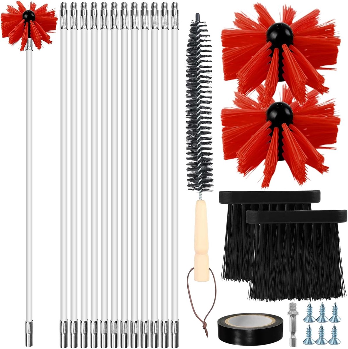 18-delige reiniging van ventilatiekanalen met 12 stelen 41 cm, 2 borstelkoppen 10 cm, zeshoekige schacht 4,5 cm, borstel met houten handvat 38 cm, 2 schoorsteenvegers - rood