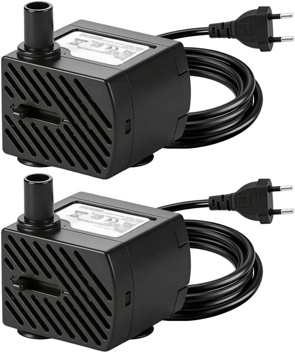 2 stuks mini-dompelpomp, 3 W, 180 l/u, ultrastil, aquariumpomp met netsnoer, verstelbare fonteinpomp voor klein aquarium, tafelfontein, hydrocultuur en katten
