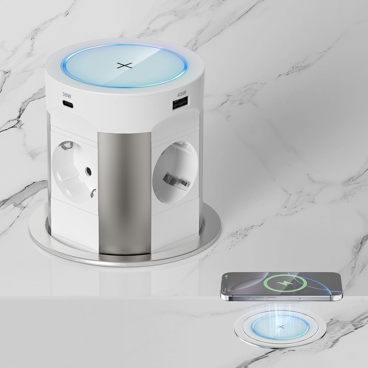 Stopcontact met 75 W USB-C totaal vermogen, 4-voudig, Qi 15 W | 2 x USB-A 45 W + 30 W, Ø 100 mm uitsparing, 1,8 m kabel, keuken en werkblad, wit