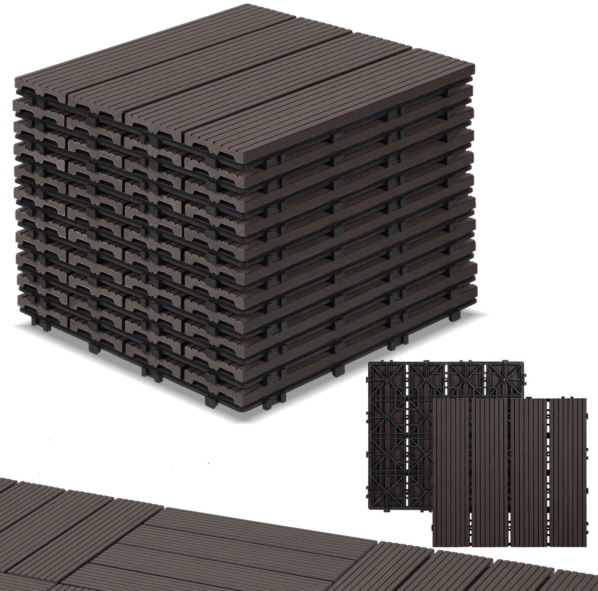Terrastegels, set van 11 voor 1 m², 30 x 30 cm, WPC-tegels, balkontegels, terras met drainage en kliksysteem, gemakkelijk te leggen, waterdicht en antislip, koffie